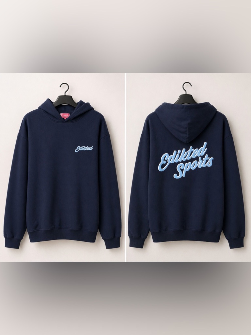 Edikted Navy Hoodie with Light Blue Script Logo